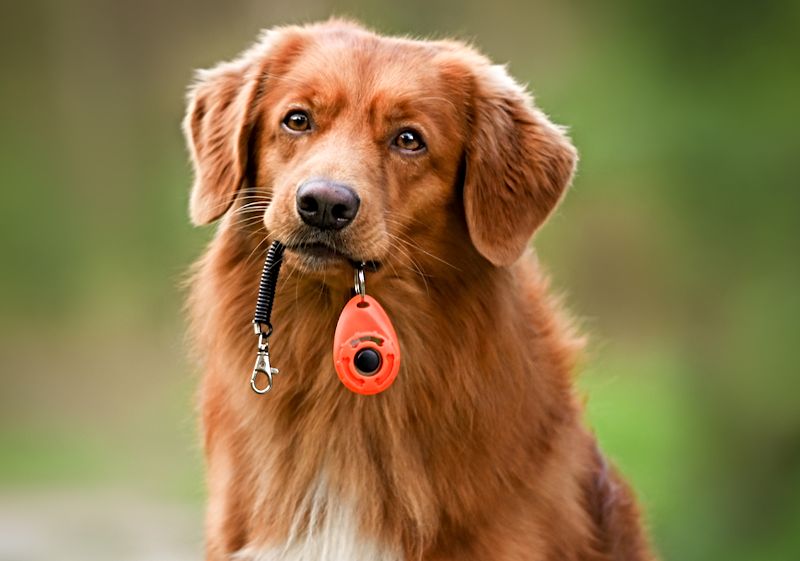 Dog Training Tools We Recommend dog holding a clicker in mouth, positive dogs training tool, nova scotia duck tolling retriever dog