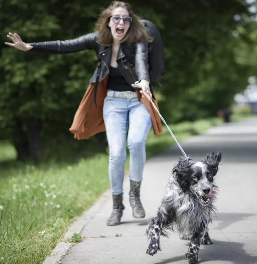 Dog enthusiastically pulling on leash young woman down sidewalk